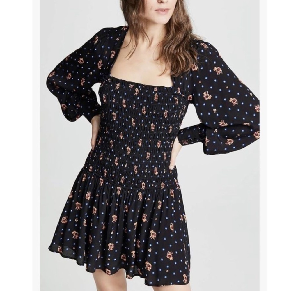 Free People Two Faces Smocked Dress Black Floral Long Sleeves Size XS Women’s